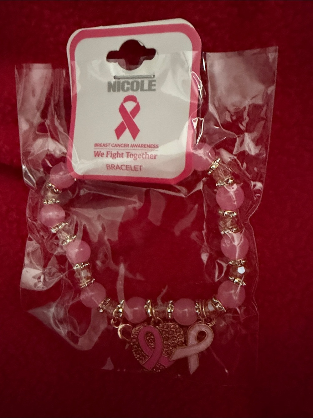 Nicole Pink Beaded Breast Cancer Awareness Bracelet with Ribbon Charms